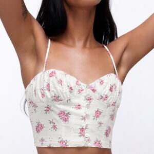 Zara White Pink Floral Button Front Cropped Cami Top Size M